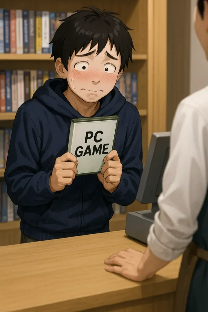 恥ずかしがってレジにPCゲームを持っていく男性