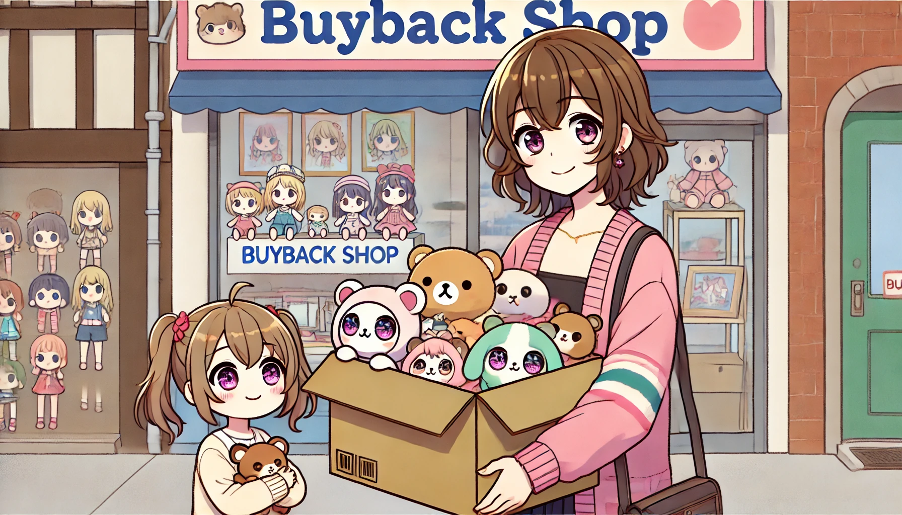 遊ばなくなったかわいい動物の人形を売りに来た親子