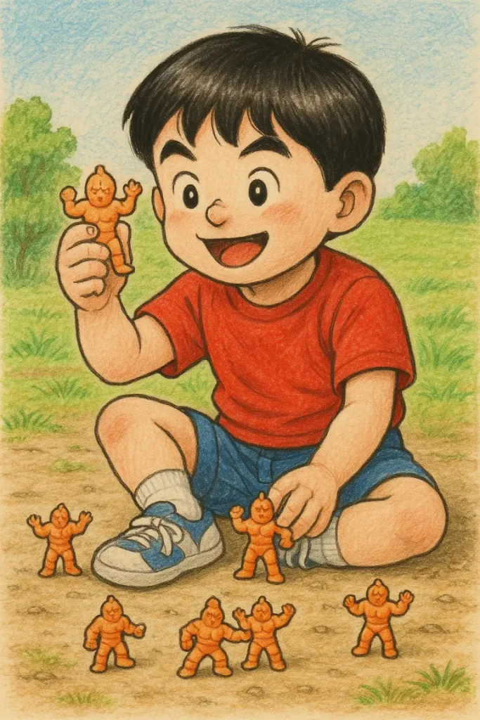 昭和時代のこどもが外でキン消しで遊んでいる