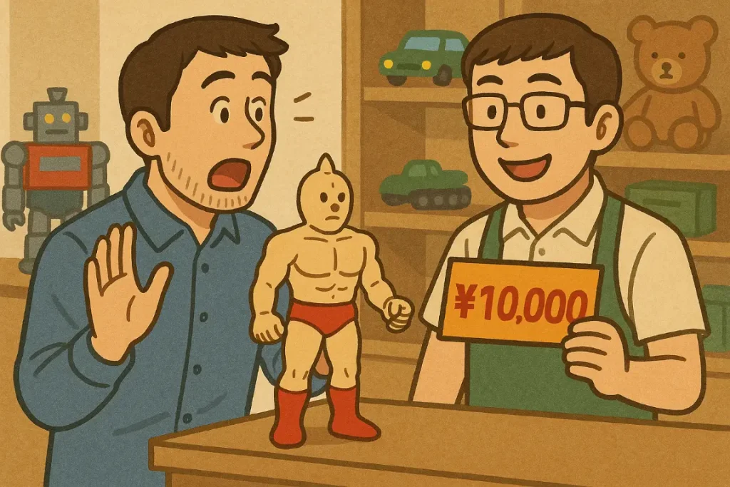 子供時代に遊んでいたキン肉マングッズを売りに来たら高値で売れてビックリしている男性