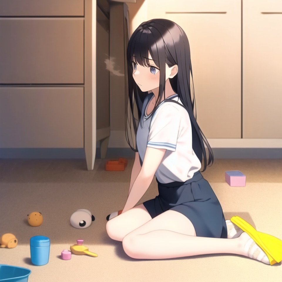 散らかったアニメグッズを片付けるのが面倒な女性