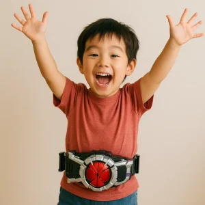 変身ベルトを装着して喜んでいる男の子