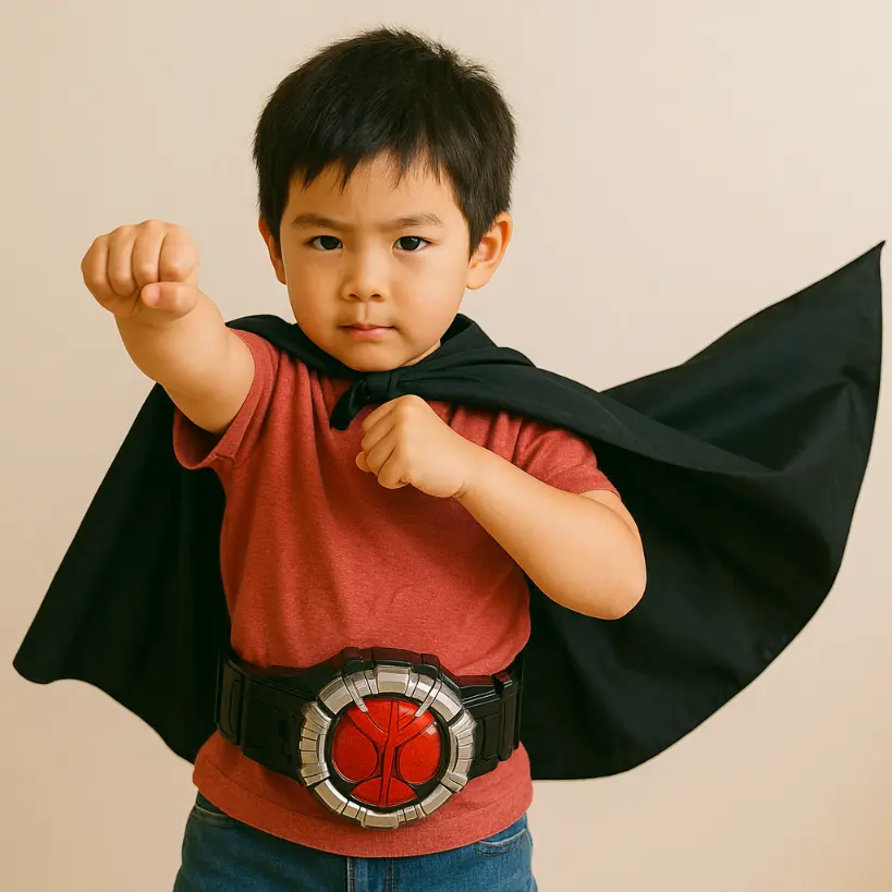 変身ポーズを決めてヒーローになりきっている男の子