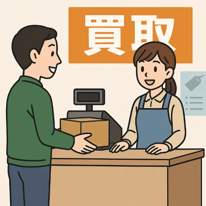 店頭買取。ユーザーが店舗に行き売りたい商品を買取スタッフに渡している。
