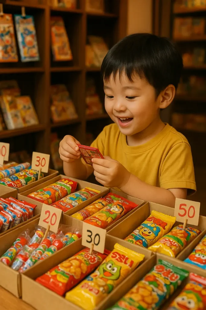 駄菓子屋でおかしを買っている男の子