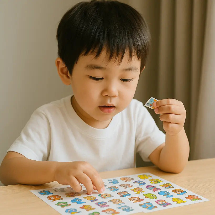 集めたシールを眺めて楽しんでいる様子の男の子