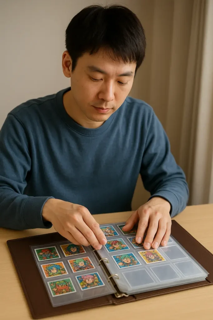 集めたシールを丁寧にバインダーに収めている男性