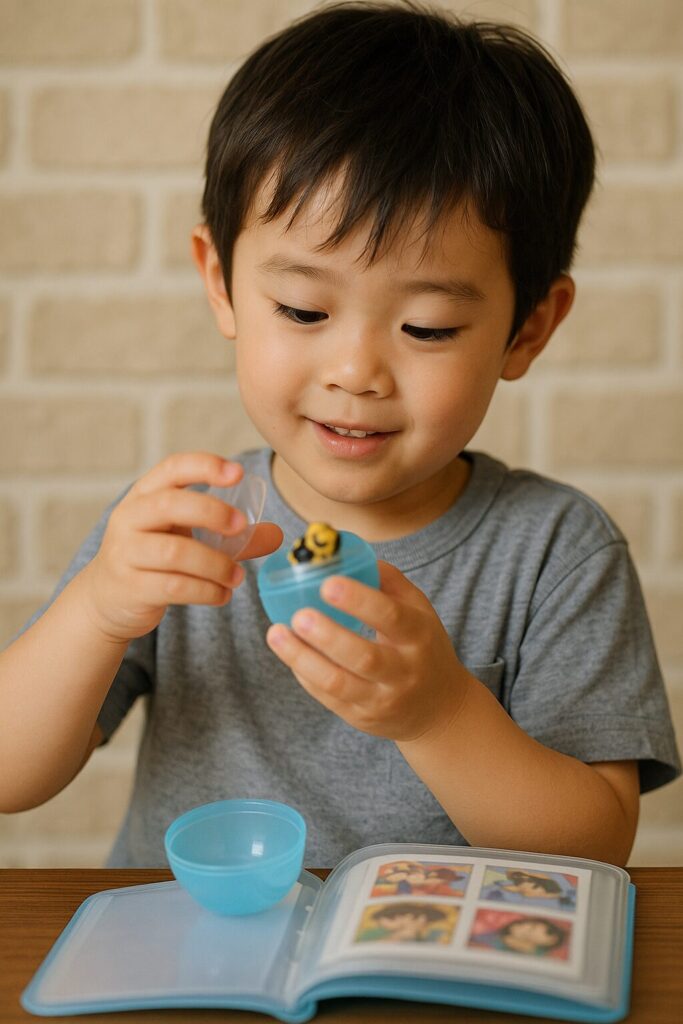 カプセルトイを開けて中のおもちゃを楽しんでいる様子の男の子