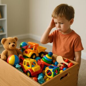 おもちゃ箱を見て捨てるか迷っている画像AI