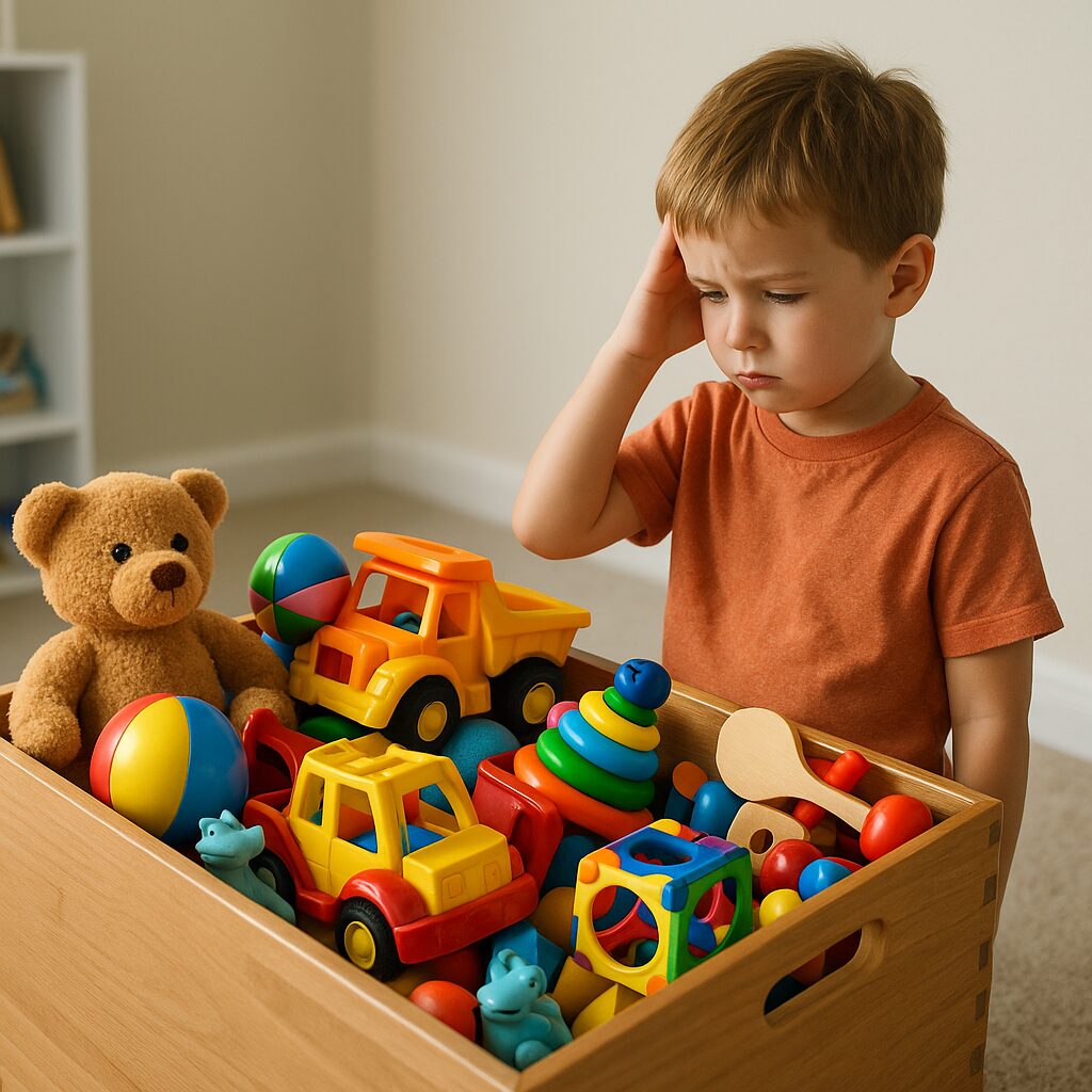 おもちゃ箱を見て捨てるか迷っている画像AI