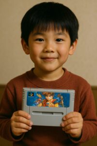 AI昭和の子供がスーパーファミコンのソフトを手に持っている