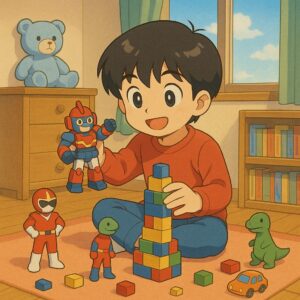 部屋でロボットのおもちゃで遊んでいる少年