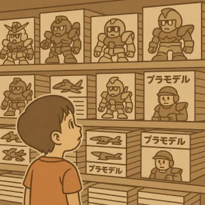 プラモデル屋でこどもが欲しいプラモデルを探している様子