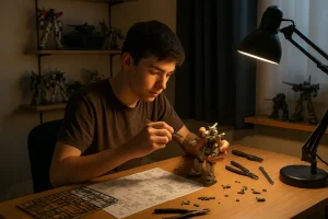 一生懸命にプラモデルを作成している男性