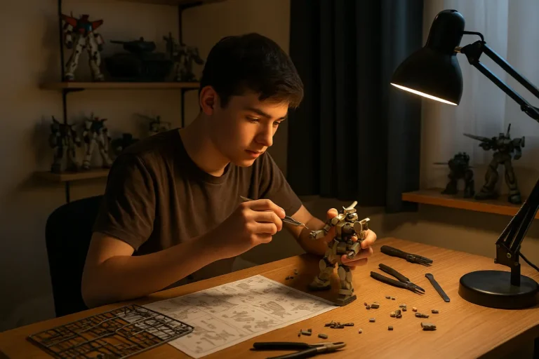 一生懸命にプラモデルを作成している男性