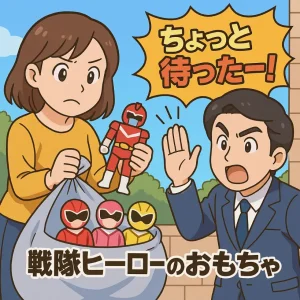 戦隊ヒーローのおもちゃを捨てようとしているところを目撃して価値が分かっている男性がストップをかけているシーン